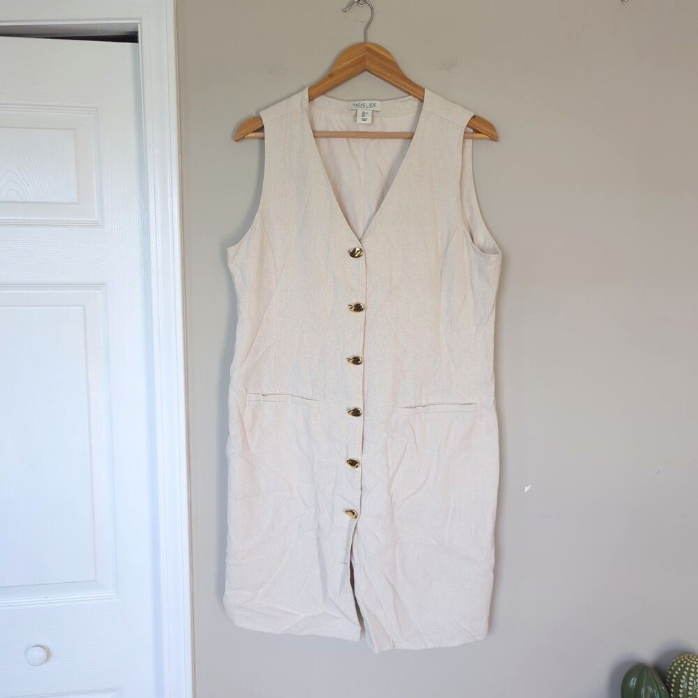 Rachel Zoe Cream Linen Blend Long Line Button Front Tunic Lagenlook Sleeveless L